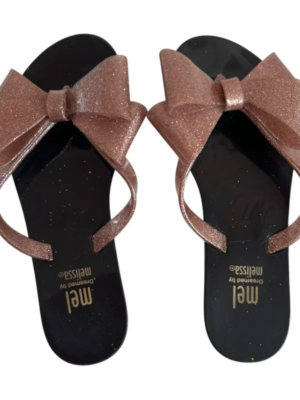 Melissa Sandals Harmonic Bow III Thong black glittery pink bow kids size 13